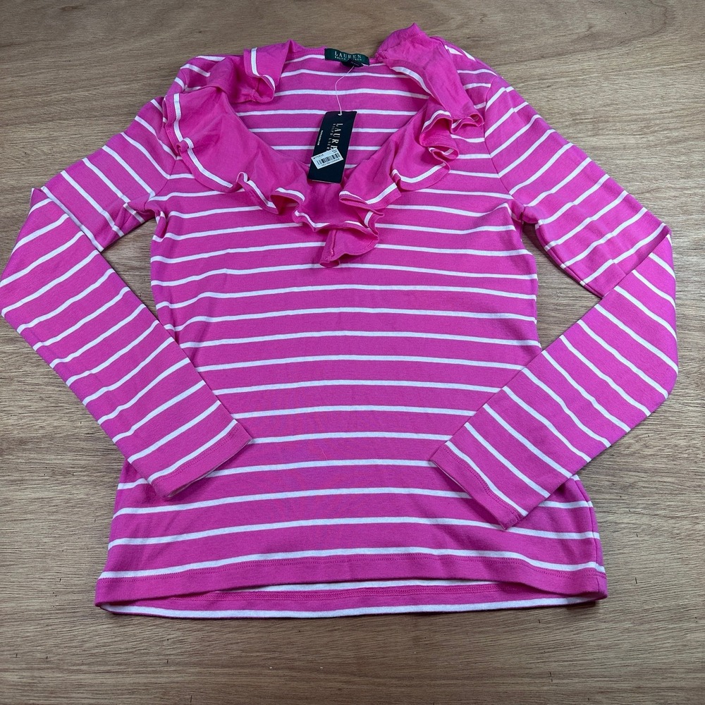 Lauren Ralph Lauren Womens L(M) Pink White Stripe Ruffle V Neck Top NWT